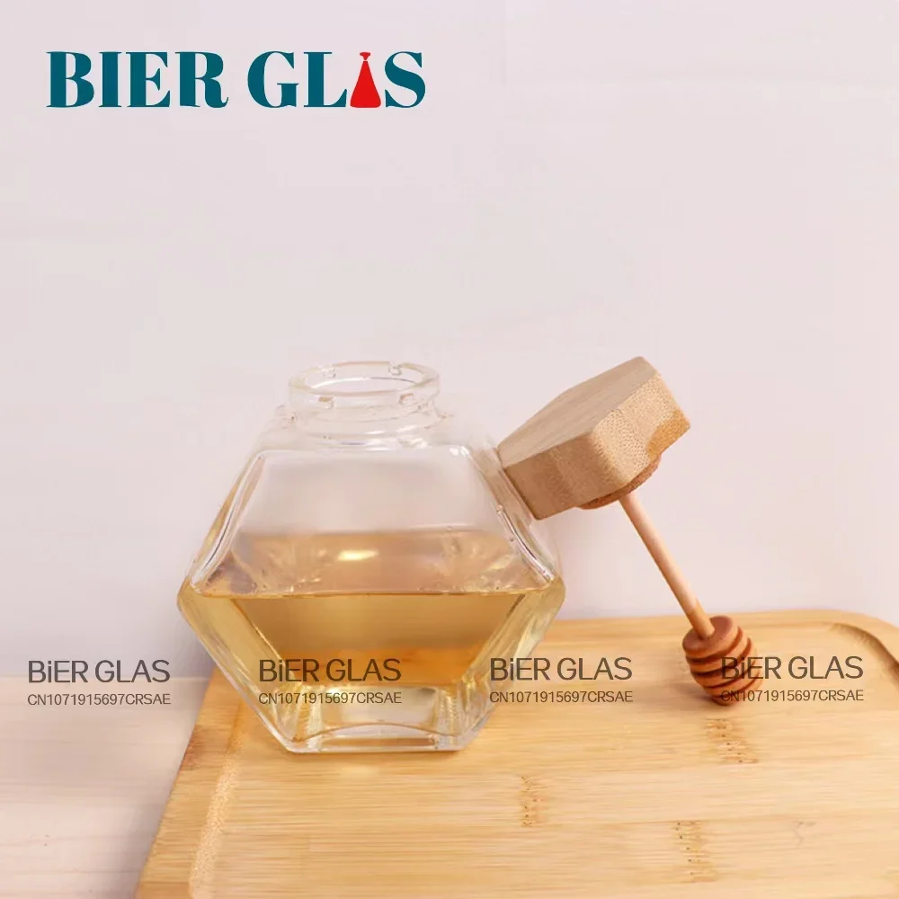 5 - 10pcs Hexagonal Glass Honey Bottle with Dipper Wooden Stirring Sticks Packaging Jars Dispenser Food Storage Container Gift 2