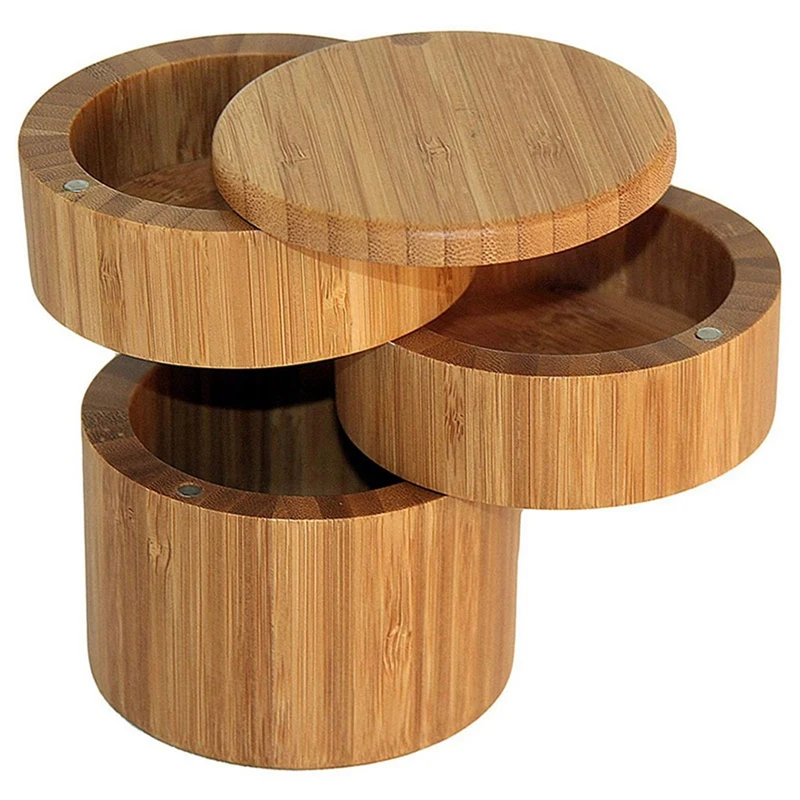 

5-кратный бамбуковый тройной соляной ящик, деревянный ящик, 3-уровневый круглый бамбуковый ящик для соли или специй с магнитной поворотной крышкой, ящик для хранения специй