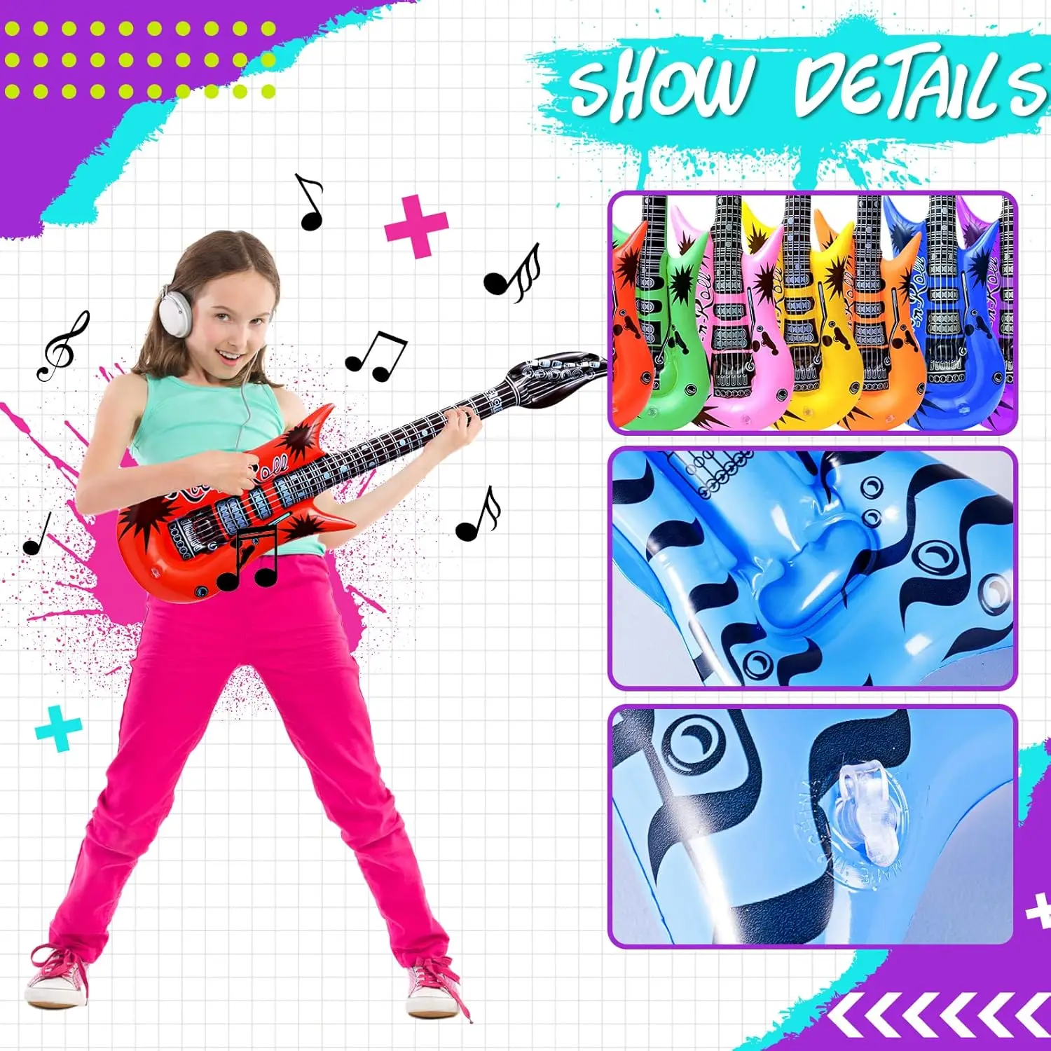 Inflatable Rock Star Toy Inflatable Boom Box Mobile Phone Guitar Bass for 80's 90's Party Decorations Rock & Roll Party Supplies