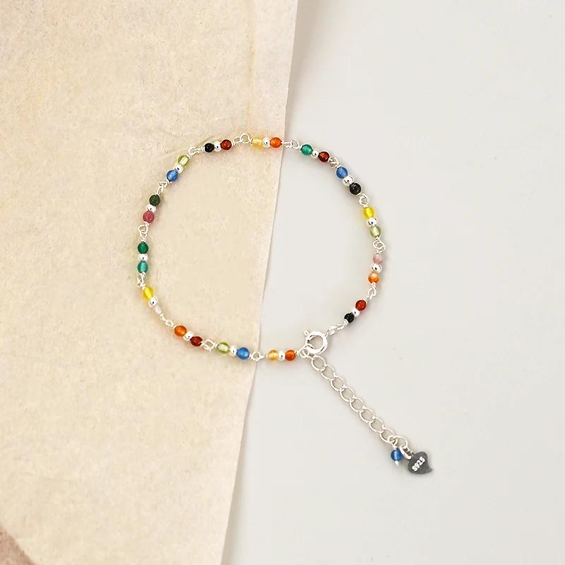 925 Sterling Silver Natural Stone Agate Anklet Mixed Colors for Women