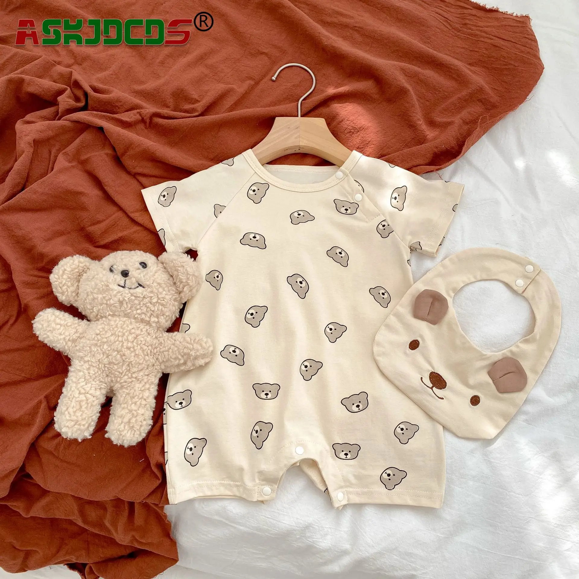 Beige Infant Newborn Girls Boys Bear Print Outfits Cotton 100% Short Sleeve Jumpsuits Kids Baby  Clothing Romper + Bibs