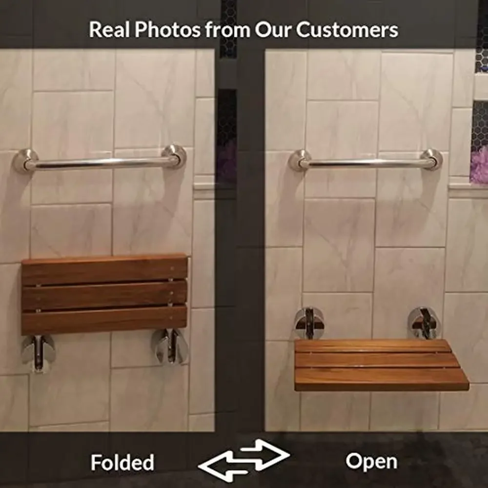 20" Teak Wood Foldable Shower Seat Bench Stainless Steel Frame Clear Coated Protection Medical Wall Mount 400 Lb Capacity 5