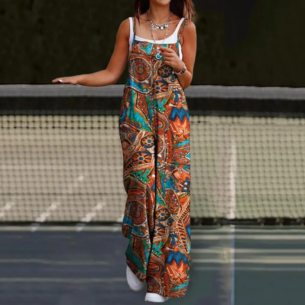 

Sleeveless Jumpsuit Stylish Women's Retro Print Romper Star Leaves Pattern Square Collar Backless Design Wide Leg Overalls