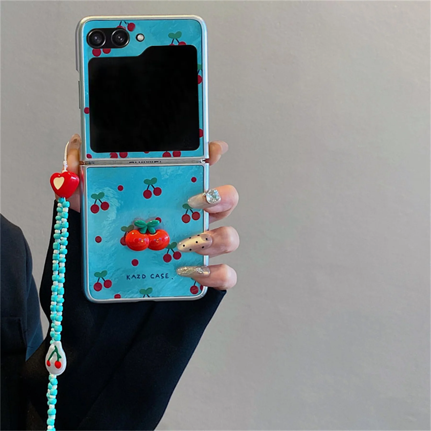 Cherry Glacial Pattern Phone Case with Pendant - Cute Full Screen Design