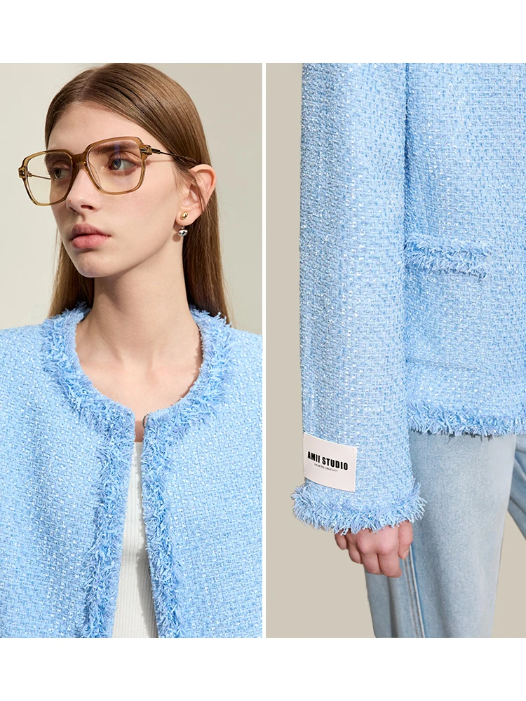 AMII Minimalism Chambray Tweed Short Jacket For Women 2024