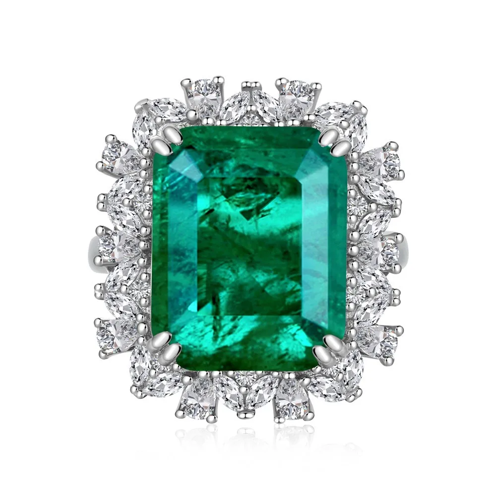 

Cross Border S925 Sterling Silver Ring From Europe and America, Grandmother Emerald Paraiba Set with Diamonds, Luxury