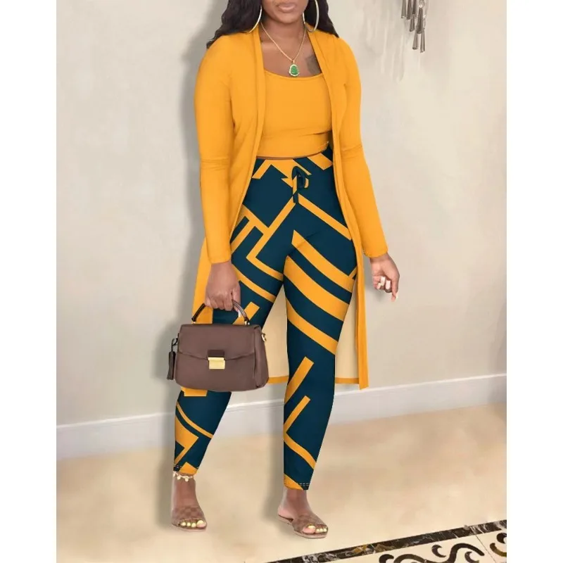 European and American Popular Autumn and Winter Women's Fashion Printed Jacket Trousers Three-piece Set