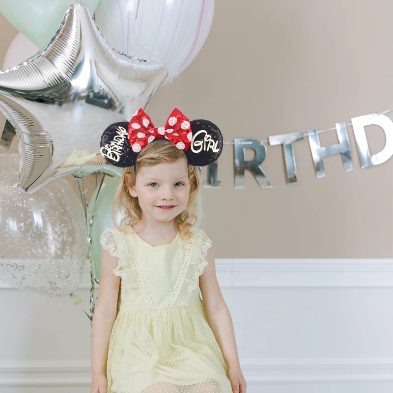 Neueste Geburtstag Mickey Maus Ohren Stirnband Cartoon Pailletten 5 "Bogen Kopfbedeckung Mädchen Kinder Festival Party DIY Haar Zubehör – Detail 8
