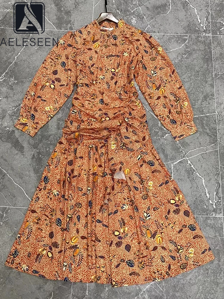 

AELESEEN Designer Fashion Women Trumpet Dress Spring Autumn Bow Ruffles Flower Dots Print Irregular Long Holiday Vacation