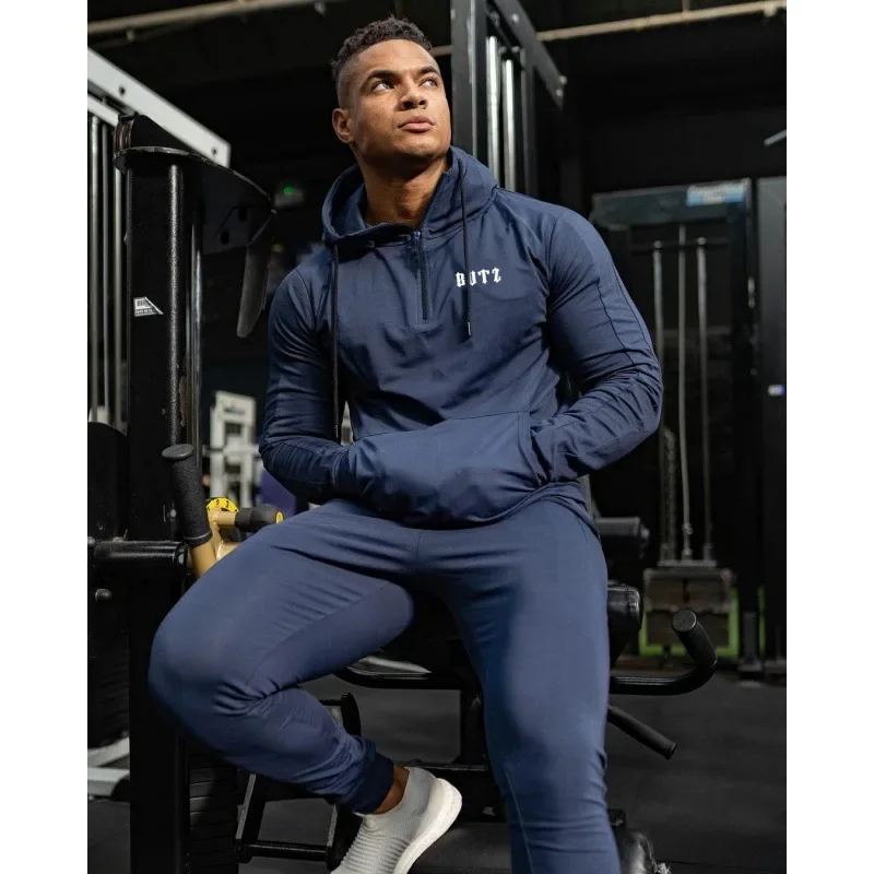 Fall Fitness Hoodie Men's Overhead Gym Running Training Clothes Trendy Brand Half Zip Jacket Comfortable Sportswear Hooded