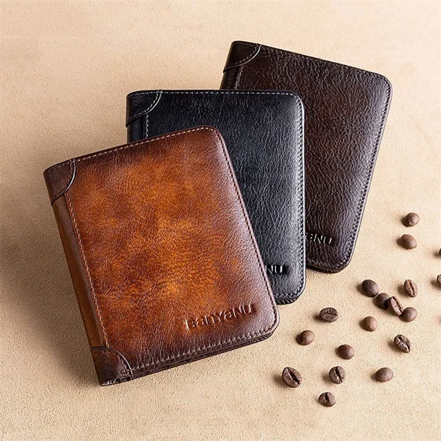 Genuine Leather Rfid Protection Wallets for Men Vintage Thin Short Multi Function ID Credit Card Holder Money Bag 2