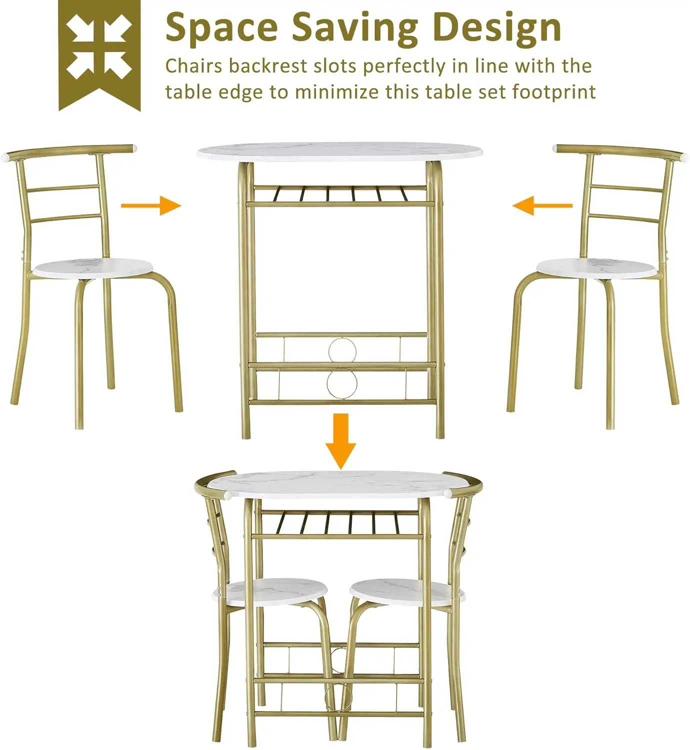 3-Piece Dining Table Set. Wood Grain Oval Tabletop. Metal Frame. Built-in Wine Rack. For Small Spaces. White & Gold.