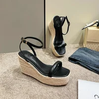 2025 Summer New Buckle Square Head Hemp Wedge Sandals Thin Belt Braided Platform High Heel Shoes For Women - Image 5