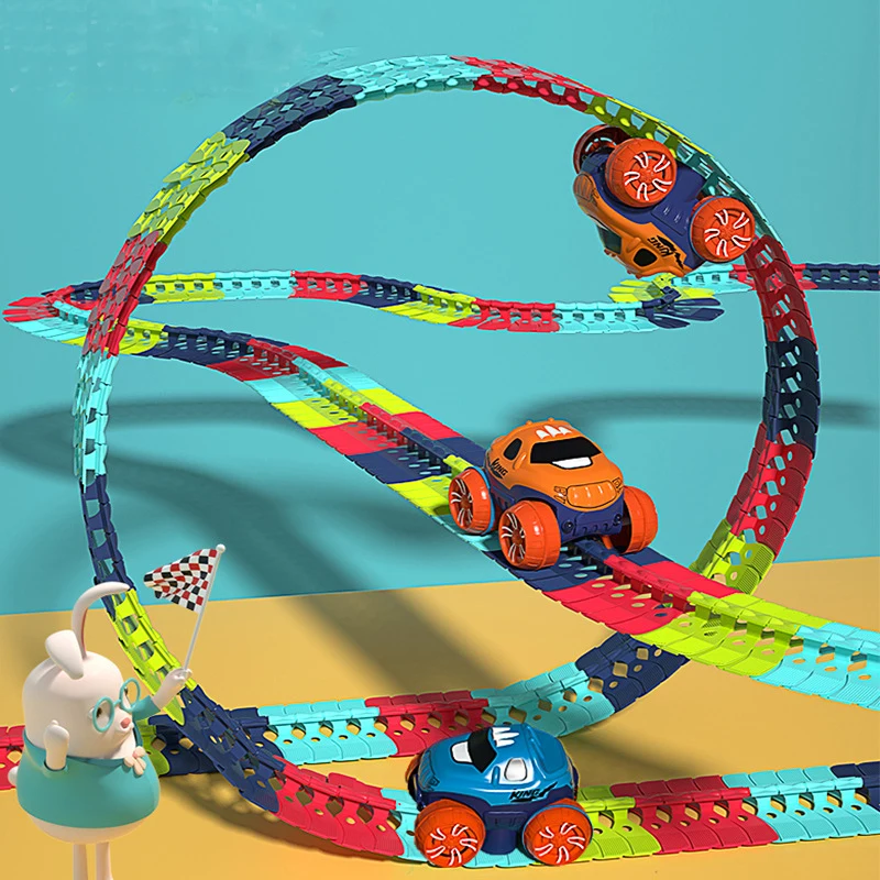 Pista De Carreras Flexible De 3,9 Metros Con Ventosas Y 4 Coches Incluidos – DIY Para Niños +3 Años, Autopista Con Saltos Y Curvas, Regalo Creativo