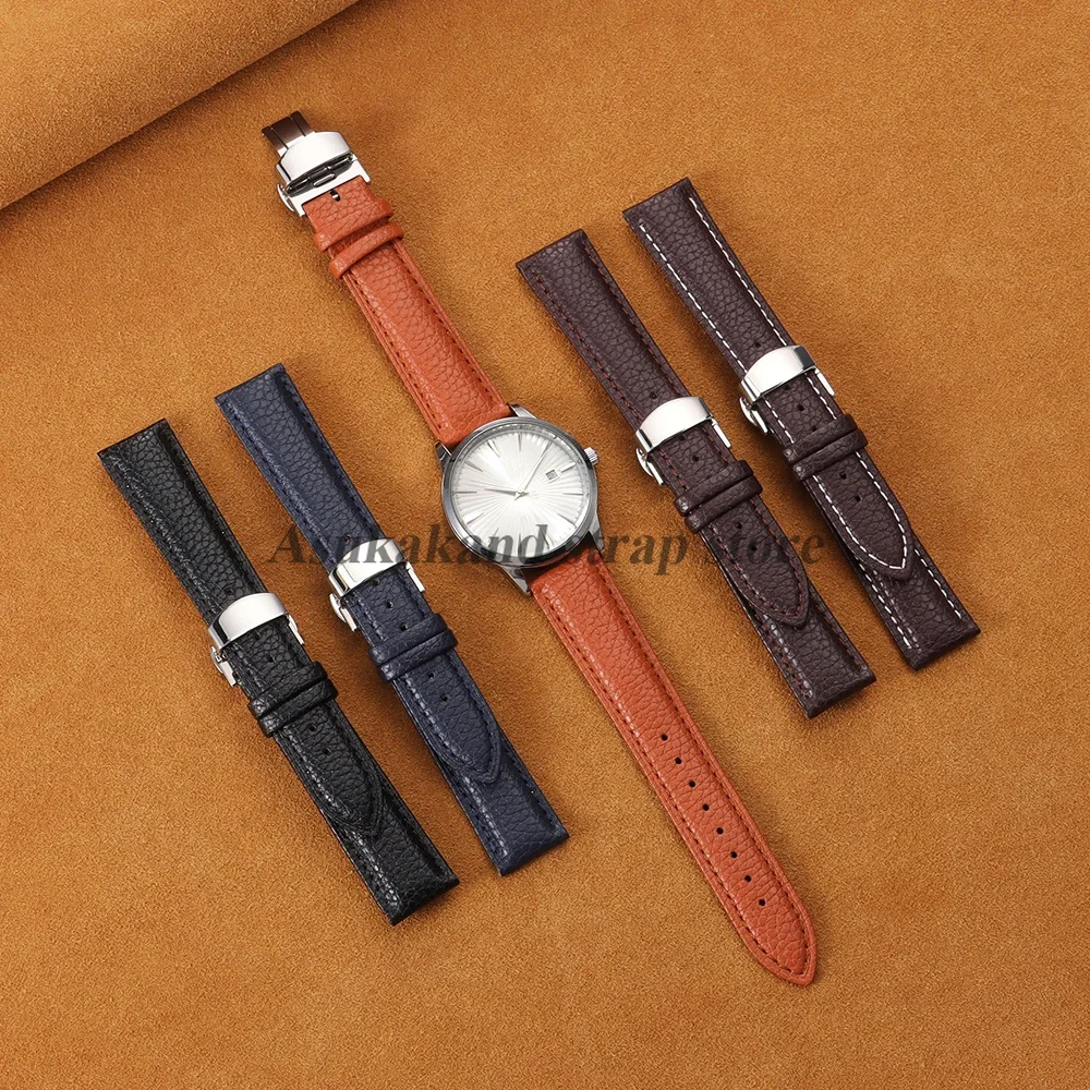 Premium Calfskin Litchi Leather Watch Strap with Butterfly Buckle