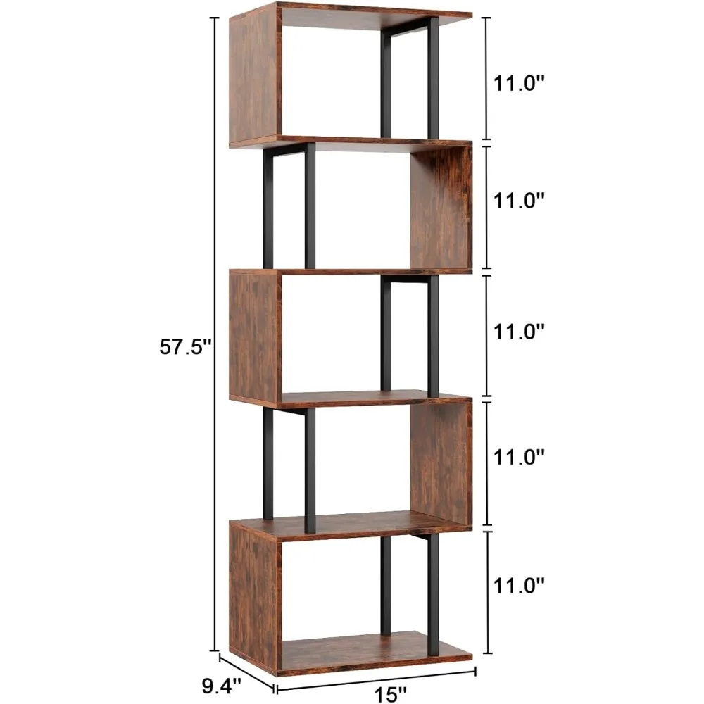 6-Tier Bookshelf, Tall S-Shaped Geometric Bookcase, Industrial Freestanding Display Shelf Unit, Wood Divider for Living Room 3