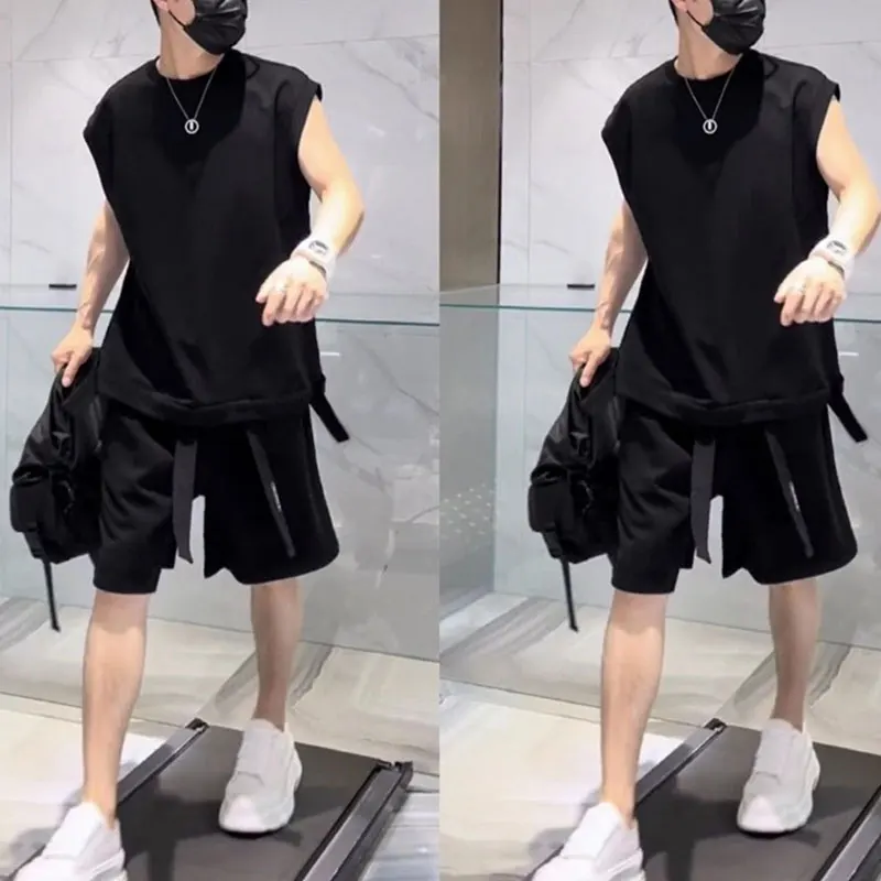 2024 Elegant Fashion Harajuku Slim Fit Ropa Hombre Loose Casual All Match Sports Shorts Set Solid Sleeveless Vest Two Piece Set