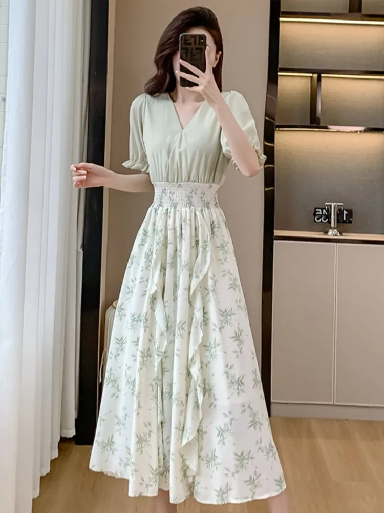 

Elegant Summer Dress Ruffles A-line Patchwork Midi Dresses for Women Puff Sleeve V-neck Casual Floral Print One Piece Vestido