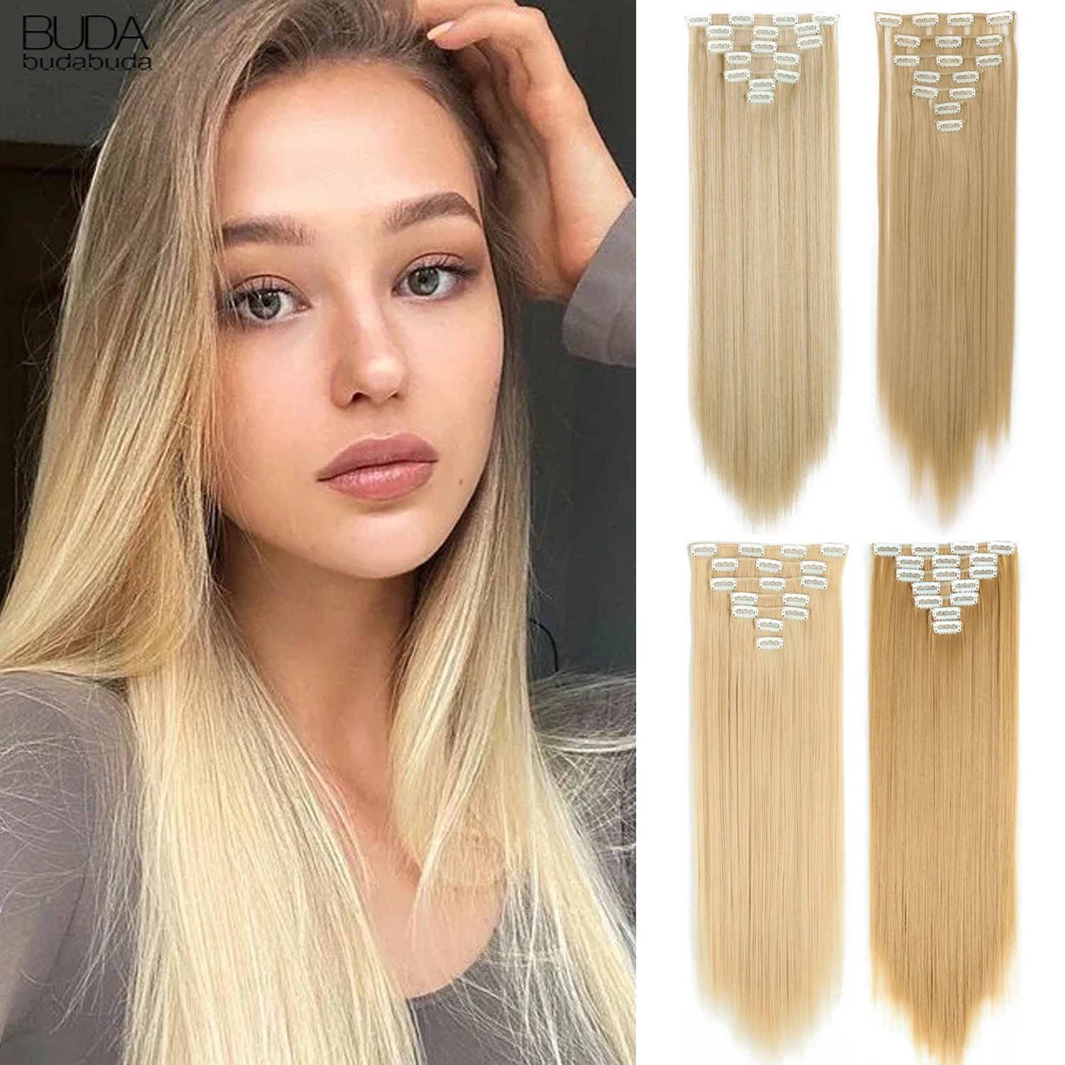 16 Clips Kunsthaarverlängerungen 22 Zoll Lang Glatt Clip-on Haarverlängerungen 7 Stück/Set hitzebeständige Faser Haarteil Für Frauen 13