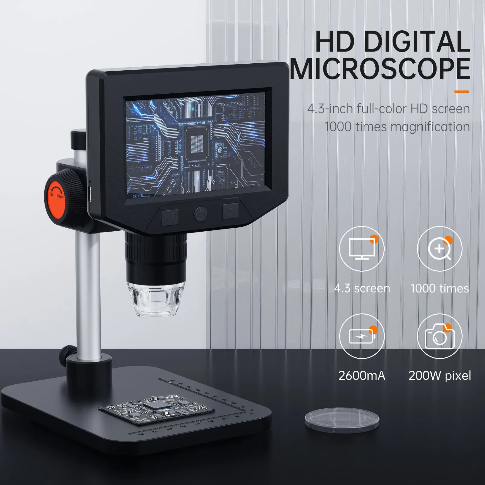 4.3인치 LCD 디지털 현미경 USB 연결 및 조절 가능한 LED 포함 과학 프로젝트를 탐구하는 학생들에게 이상적