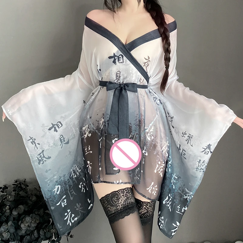 Women Lingerie Women Lingerie Set Women Cosplay Costume Japanese Kimono Women Sexy Lingerie See Through Mesh Nightgown Bathrobe Pajama Temptation Nightwear Robes cosplay sexy costume