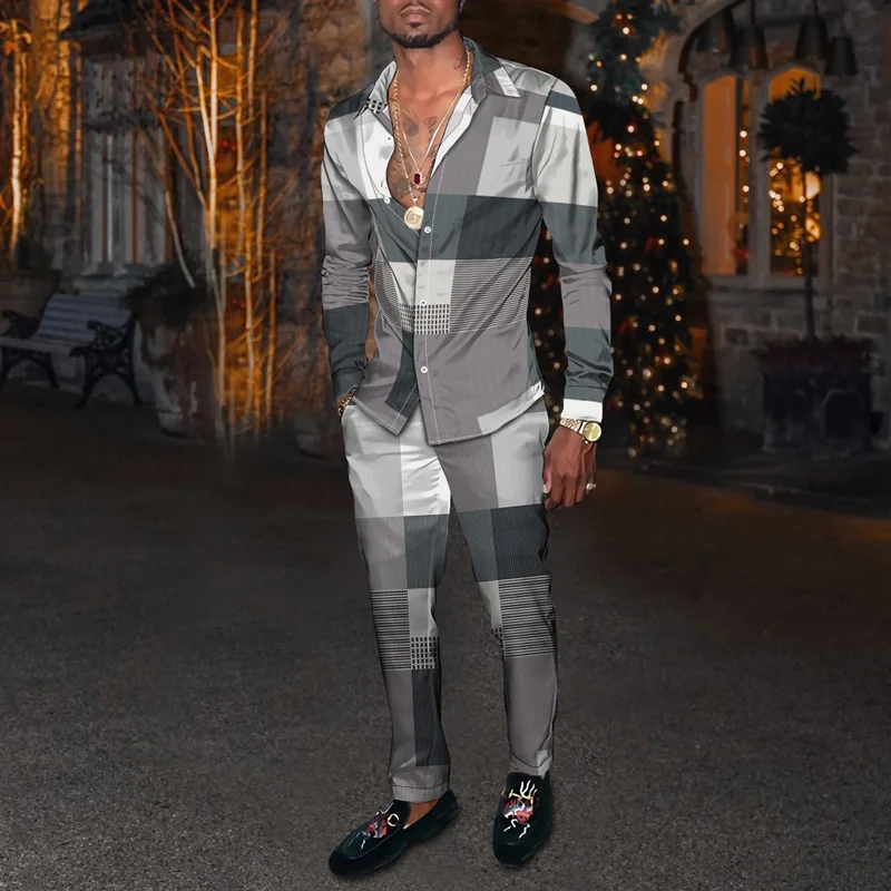 Free shipping men's shirt+pants with checkered pattern in the same color 3D printed men's set, 2 pieces