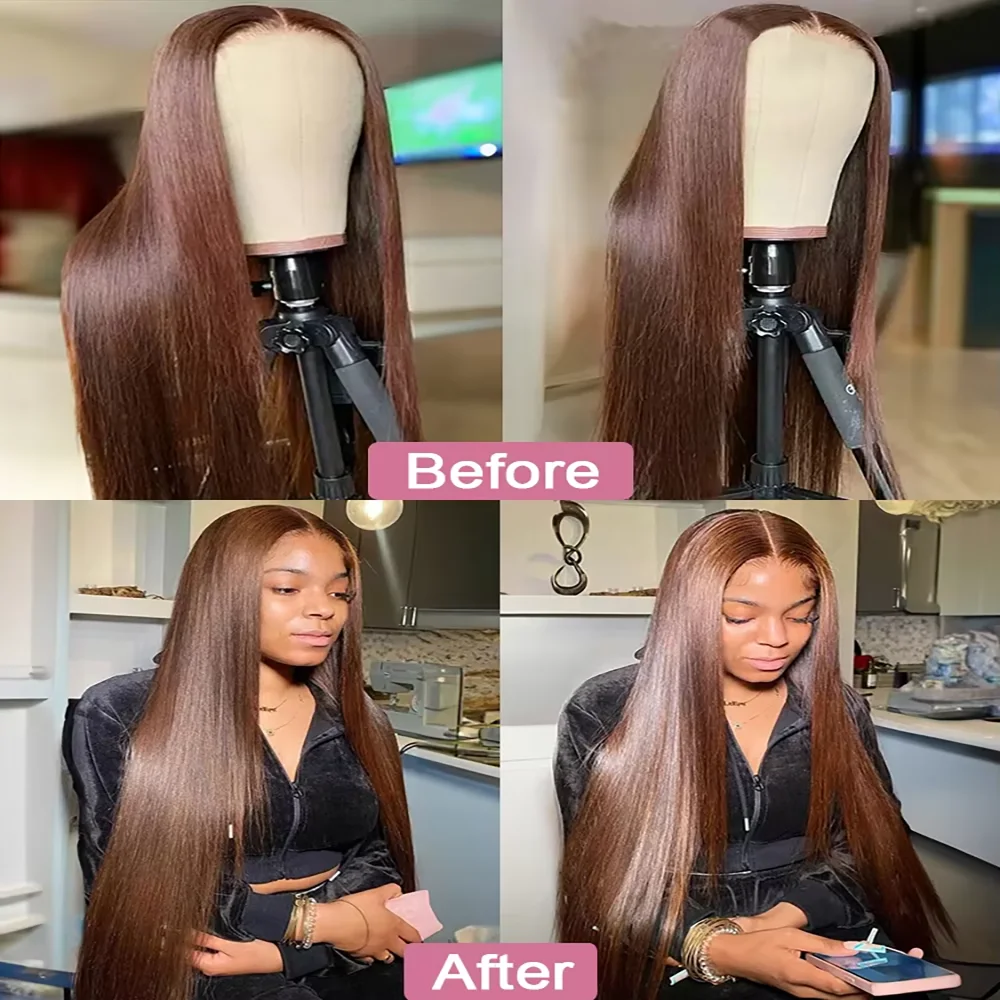 Bone Straight 13x6 Lace Frontal Wig 18-46 Inch 220 Density #4 Chocolate Brown HD Lace Front Brazilian Human Hair Wig For Women 4