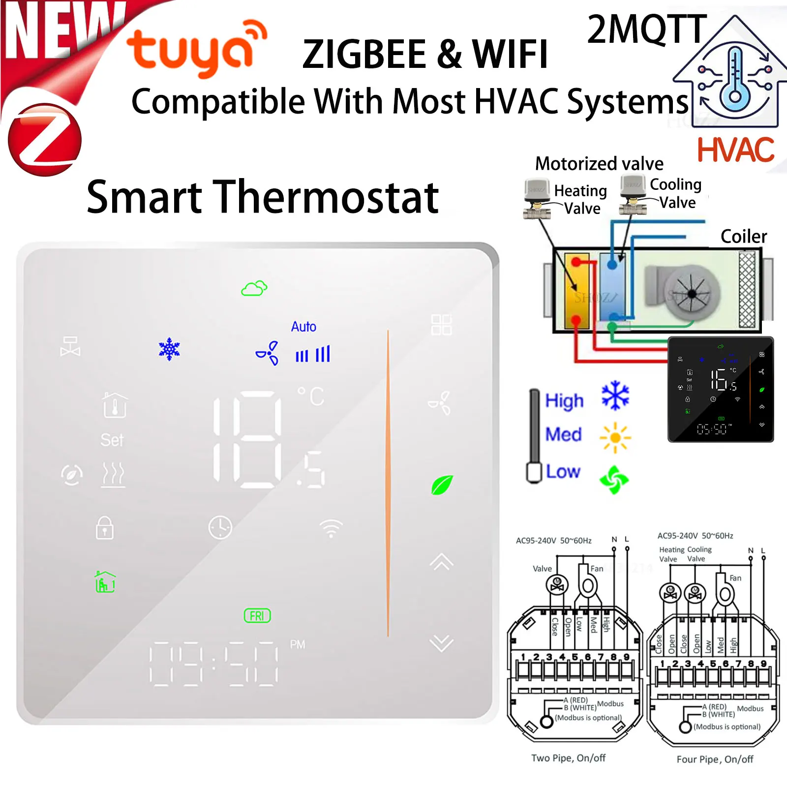 Termostato Central Inteligente para ar Condicionado Tuya Zigbee & Wifi para Unidade de Fan Coil Válvula de Aquecimento e Refrigeração Digital para Sonoff & 2mqtt Compatível com Alexa Google Home Yandex Alice