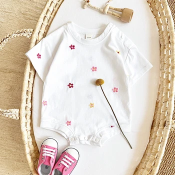 2024 Newborn Summer Baby Romper Floral Print Round Neck Short Sleeved Cotton Girls Child Clothing Jumpsuit 0-18M Infant Bodysuit