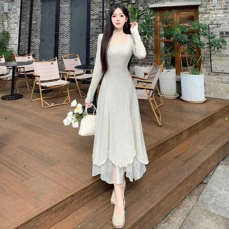 

Elegant Long Dresses For Women 2023 Female Large Size 4XL Autumn Winter Loose A Line Square Collar Apricot Irregular Vestidos