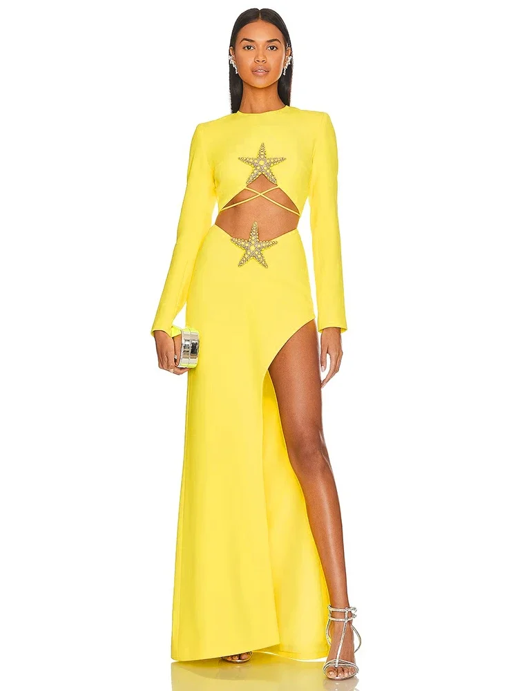 

BEVENCCEL 2023 New Women's Luxury Beaded Starfish Diamond Sexy Long Sleeve Short Top Pencil Skirt 2-Piece Nightclub Party Set