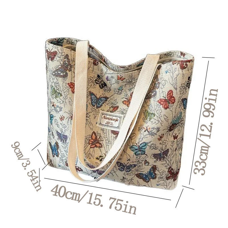 Women's Bag Butterfly Flower Print Embroidery Shoulder Bags Fashionable Canvas Handbags Large Capacity Zipper Shopping Bag