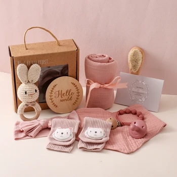Set da bagno neonato asciugamano per bambini coperta di cotone ciuccio catena braccialetto uncinetto sonaglio giocattolo neonato nascita asciugamano da bagno confezione regalo