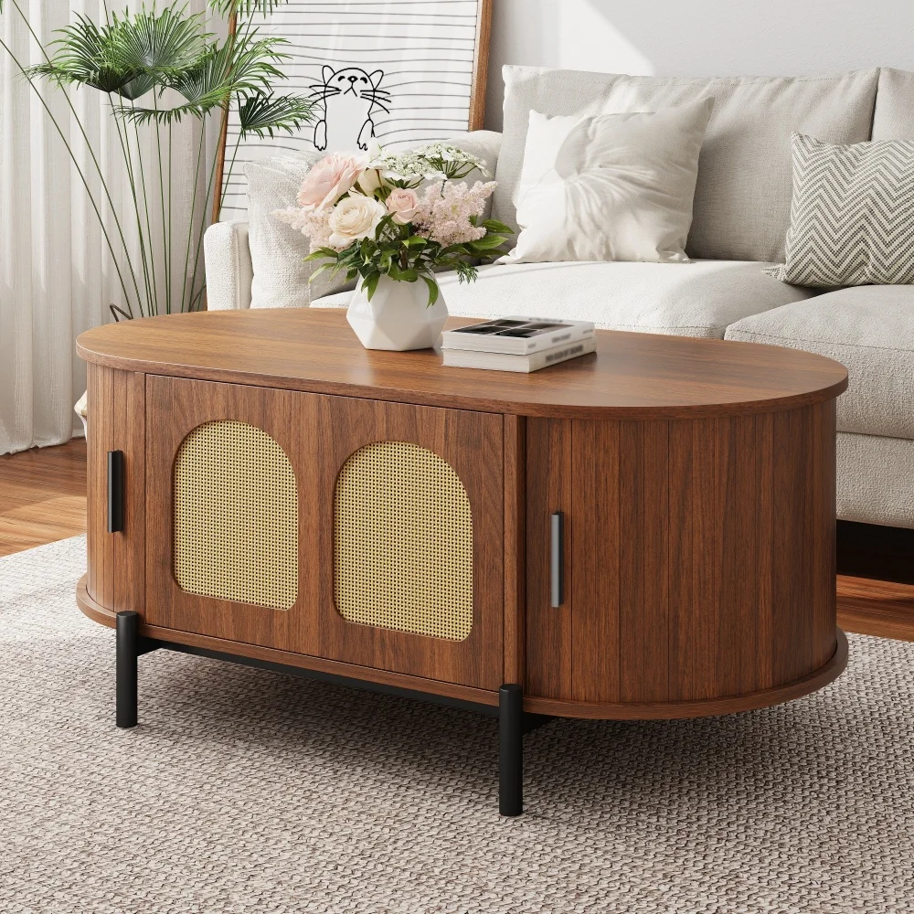 Table basse ovale avec portes coulissantes en rotin, pieds en métal couleur bois, table de rangement multifonctionnelle pour salon 1 Table basse ovale avec portes coulissantes en rotin, pieds en métal couleur bois, table de rangement multifonctionnelle pour salon 1