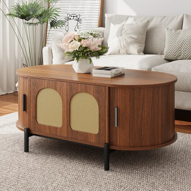 Table basse ovale avec portes coulissantes en rotin, pieds en métal couleur bois, table de rangement multifonctionnelle pour salon 1
