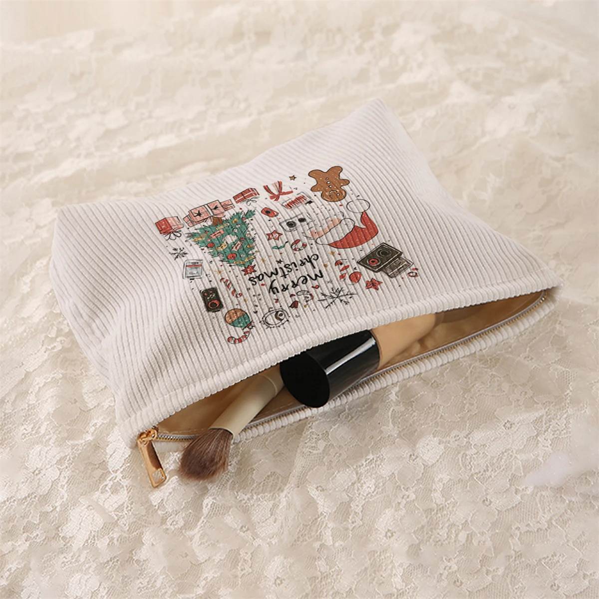 1 Christmas patterned corduroy makeup bag, lightweight zipper makeup storage box, multifunctional bag with lining