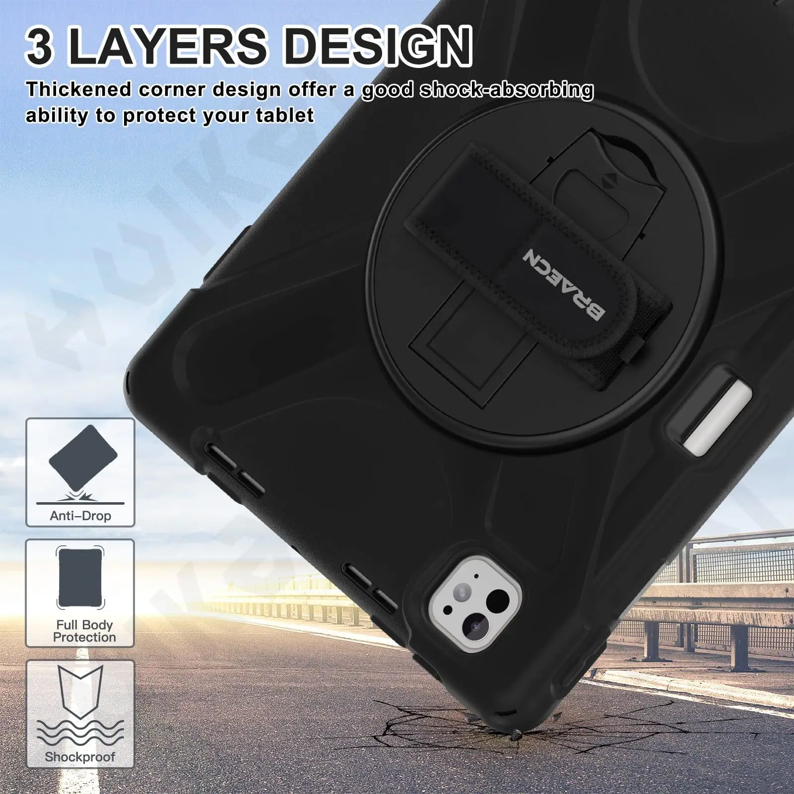 Heavy Duty Rotating Shockproof Tablet Case with Stand and Hand/Shoulder Strap - Black