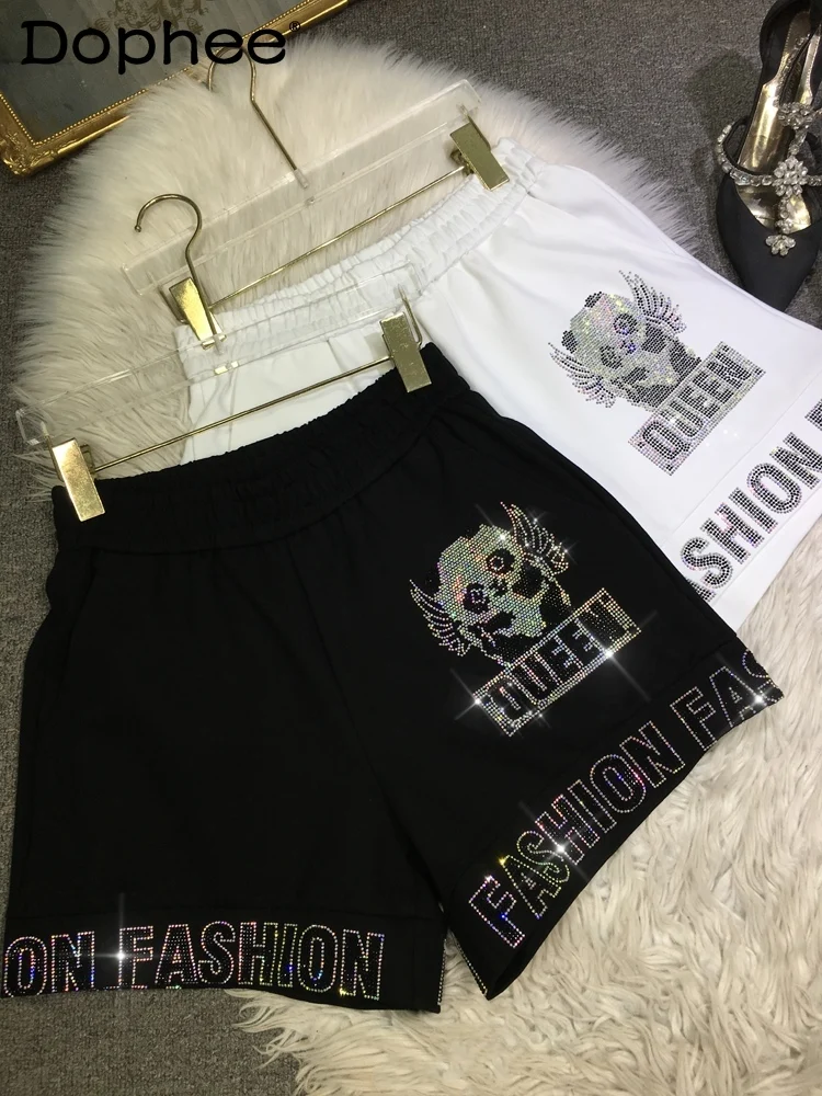 

Letters Heavy Embroidery Hot Drilling Cartoon Shorts Female Spring Summer Elastic Waist Cute Panda All-Match Black Short Pants