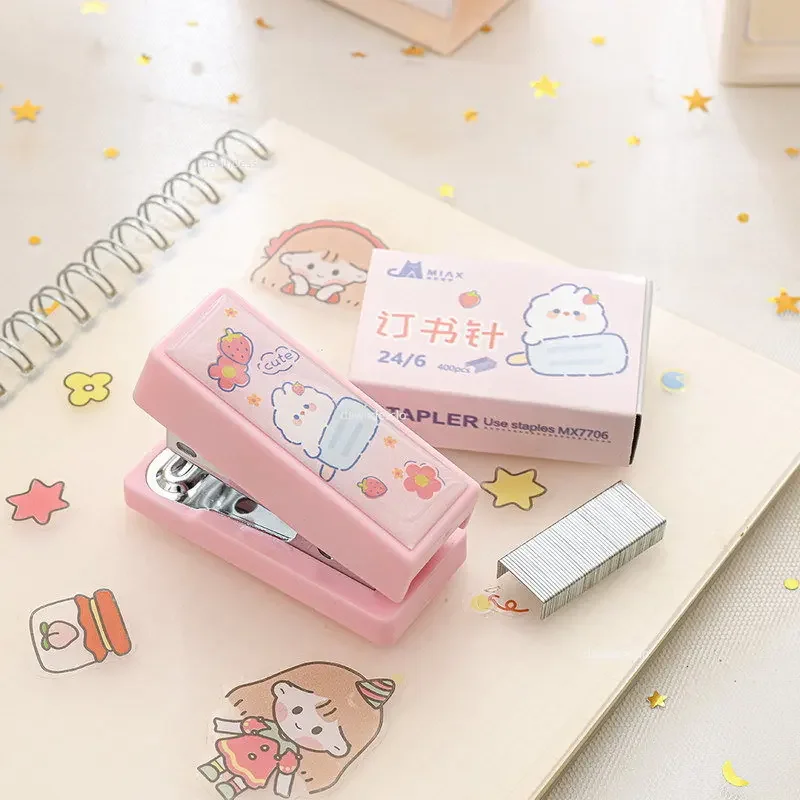 Mini Stapler Set with Staples Cute Rabbit Bear Paper Binder Stationery Office Binding Tools School Supplies mini stapler set