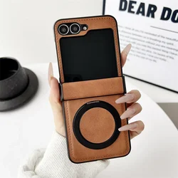 Magnetic Leather Rotating Bracket Hinge Protective Phone Case - Samsung Galaxy Z Flip 5 (Brown)