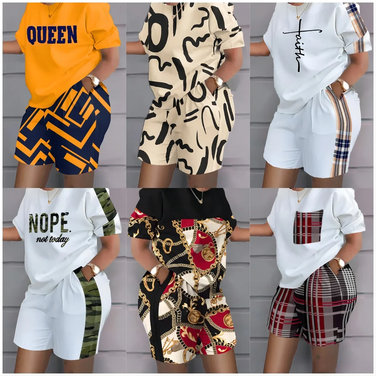 

Women Casual Short Sleeve Outfit 2023 Summer Fashion Letter Printed O Neck Pocket Suit Female T Shirt Top Shorts Two Pieces Set