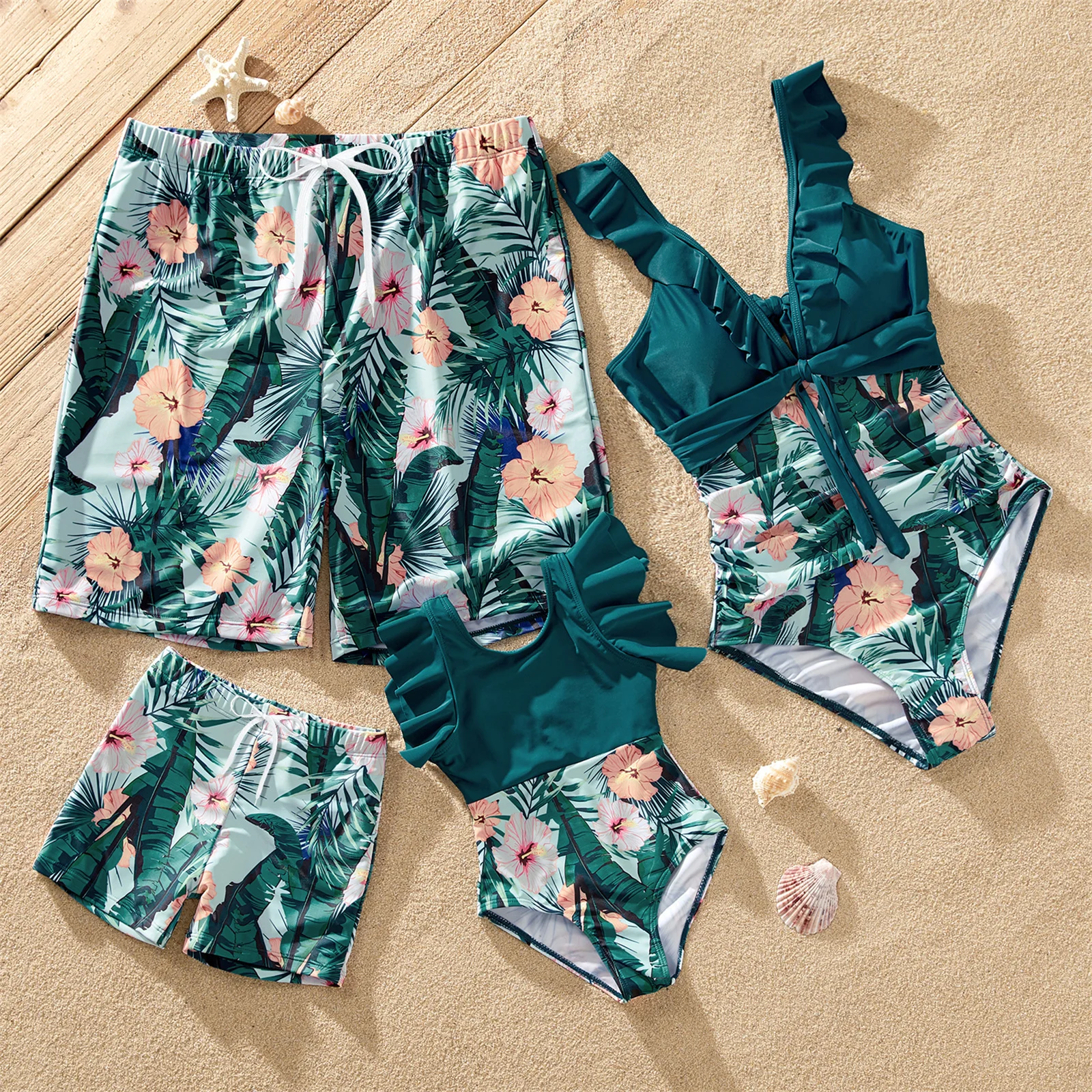 

PatPat Family Matching Swimsuit Plant Print Ruffle Trim Spliced One-piece Swimsuit or Swim Trunks