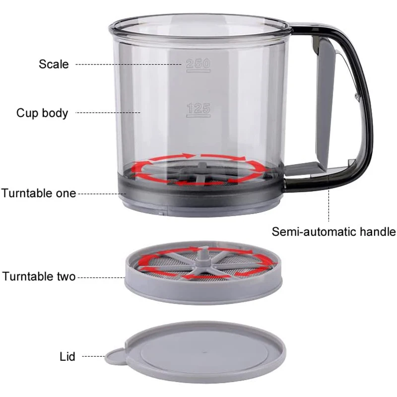 Flour Sifter Baking Tools Mesh Strainer Fine Mesh Strainer Powder Sieve Powder Sugar Shaker Handled Semi-automatic Flour Sifter 2 Cups