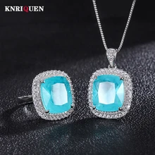 

2022 Trend 925 Sterling Silver 14*16mm Paraiba Tourmaline Pendant Necklace Rings for Women Lab Diamond Wedding Jewelry Set Gift