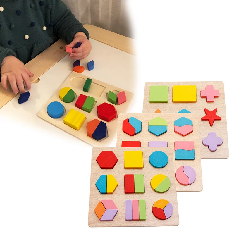 

Wooden Geometric Shapes Montessori Puzzle Sorting Math Bricks Preschool Learning Educational Game Baby Toddler Toys for Children