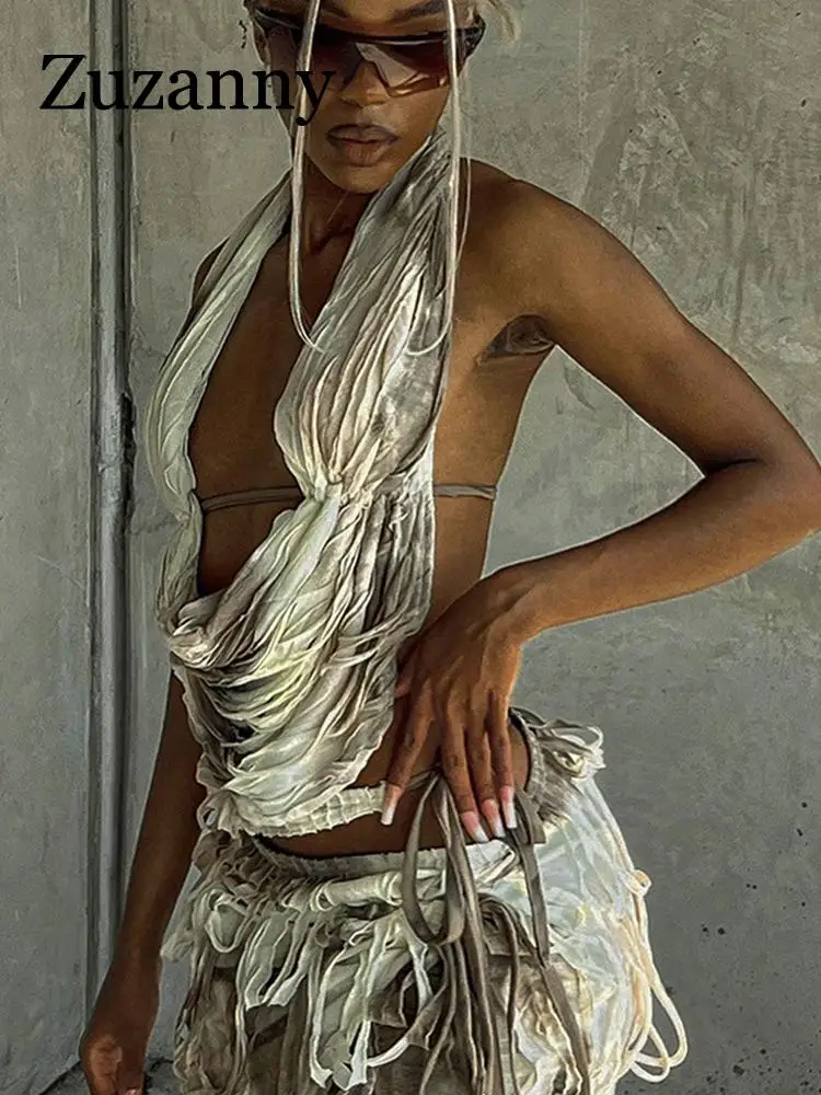 

Zuzanny Y2K Tie-Dye Pleated Two Piece Sets Women Bandage Skirts Set 2023 Fashion Backless Tank Tops Mini Dress Matching Sets