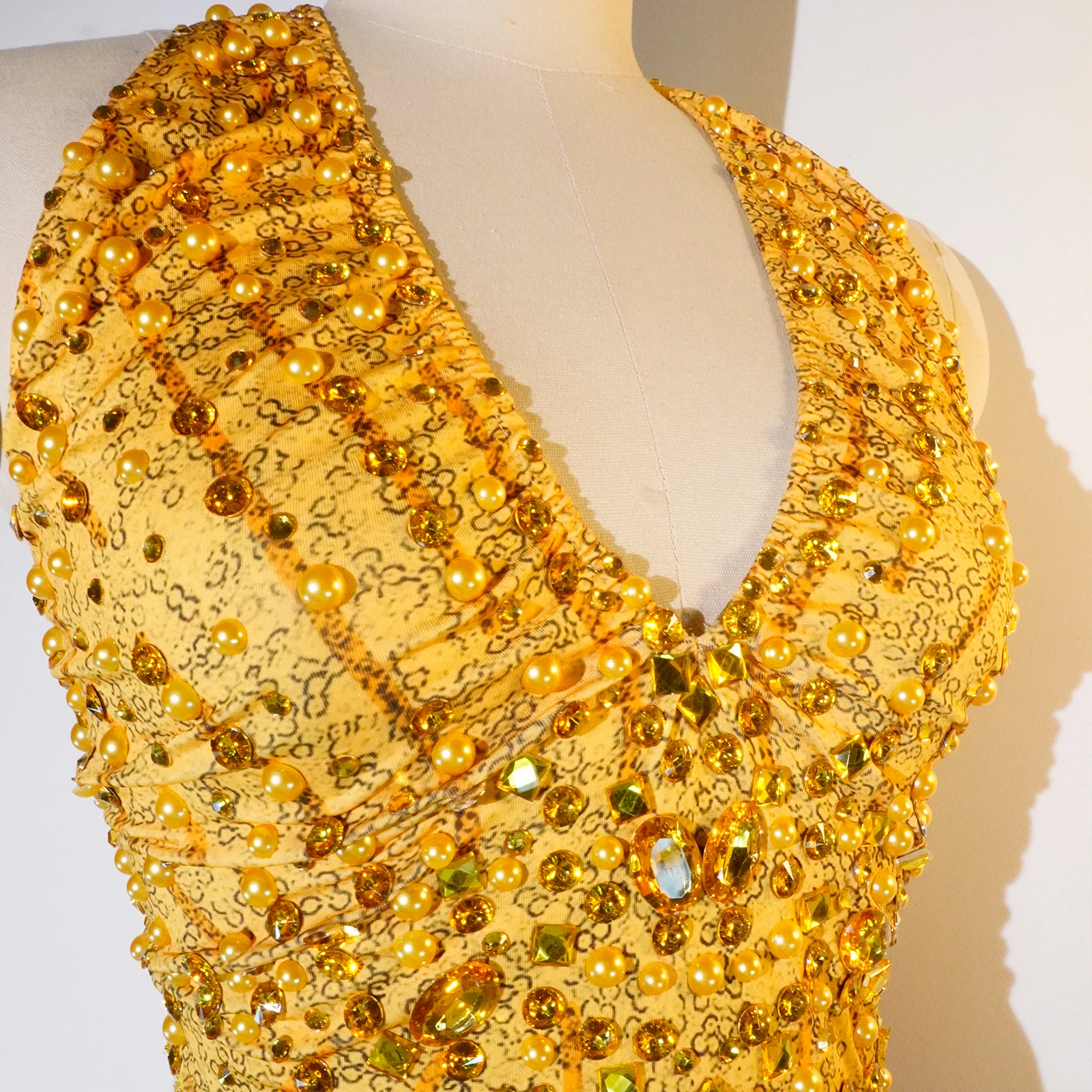 dancer costume rhinestone yellow bodysuit sexy women birthday outfit chinese clothes for stage performance leotard gogo dancer