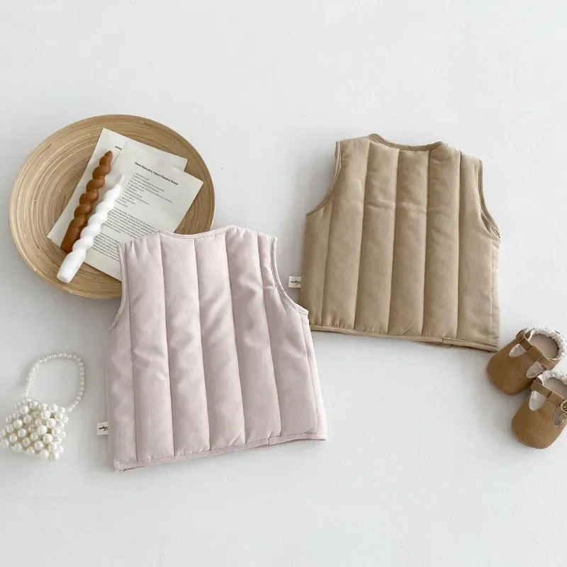 한국 스타일 가을 겨울  여아 조끼, 단색 조끼, 두꺼운 브이넥, 따뜻한 민소매 면 안감 아우터, H4T02