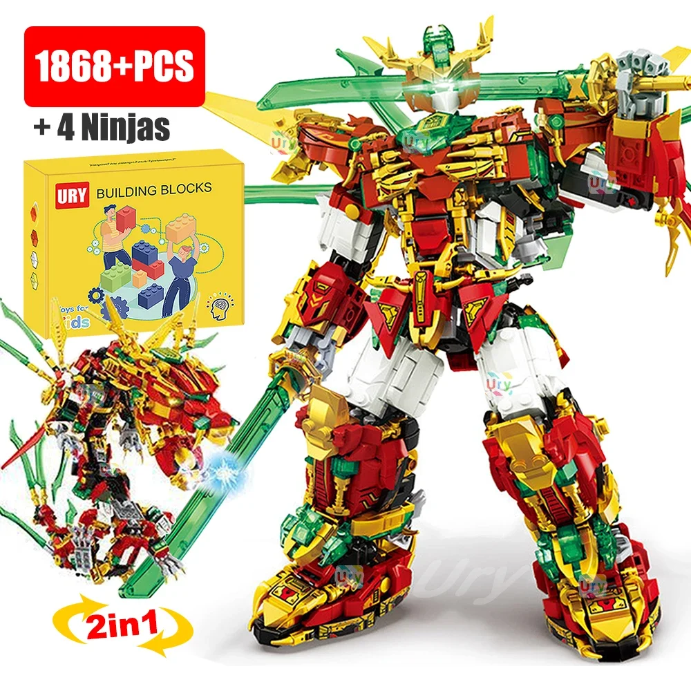2 In1 Ninja Red Warrior Robot Battle Mech Flying Fire Dragon Set Fighter Figures Building Blocks Toys For Kids Boys Chritmas Gift