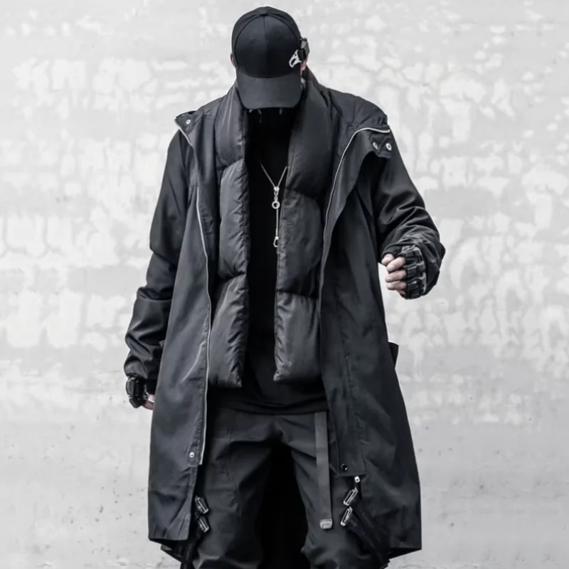 Niche Design Sense Detachable Neckerchief Mid-length Trench Coat Mens Clothing Y2K Punk High Street Tactical Function Jackets